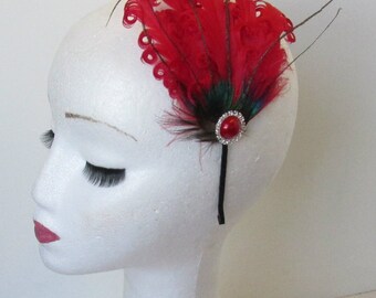Red Feather Headpiece Peacock Fascinator Headband Silver Vintage 1920s 1940s Rhinestone Great Gatsby N95