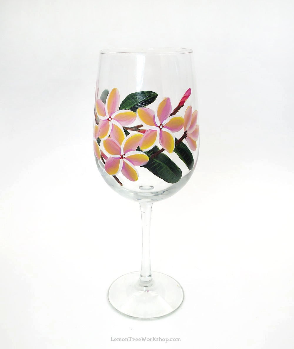 Hand Painted Rainbow Plumeria Wine Glass Tropical Hawaiian