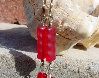 Frosted Red Earrings, Red Swarovski Crystal Earrings, Sterling Silver Earrings, Czech Glass Earrings and Red Glass Bead Earrings
