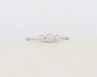 Three Stone Round Brilliant Cut Diamond Engagement Ring, Thin 3 Stone Dainty Bezel Set Engagement Ring, Three Stone Bezel Diamond Ring