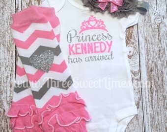 Baby Girl Coming Home Outfit | The Princess Has Arrived Personalized | Baby Girl Outfit | Opt Leg Warmers Bow Set | Pink And Silver Glitter