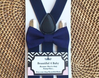 Navy Baby Bow Tie, Navy Blue Baby Bow Tie and Suspender Set, Navy Toddler Bow Tie, Navy Blue Baby Bow Tie- Navy Ring Bearer-6 Months to 5 Yr