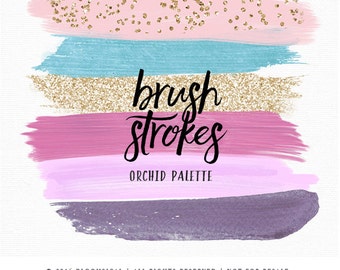 Pastel Brush Strokes Clip Art | Hand Painted Radiant Orchid Gold Glitter Acrylic Paint Graphic Elements | Digital Design Resource