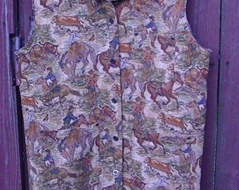 Vintage Cowboy tapestry vest bucking bronco bull rider rodeo bucking bull calf roping buckaroo rodeo horses cattle herding ranch wild west