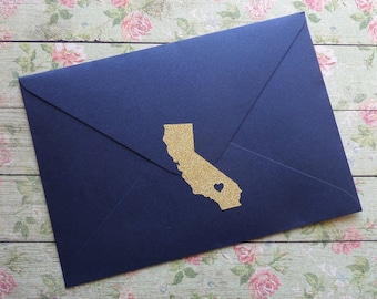 25 gold glitter California stickers, silver or gold California envelope seals, California wedding invitation seal, California save the date