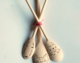 3 Studio Ghibli Wooden spoons - My Neighbor Totoro - Spirited Away - Catbus - No Face - Anime - Utensils - Housewarming - Birthday - Easter