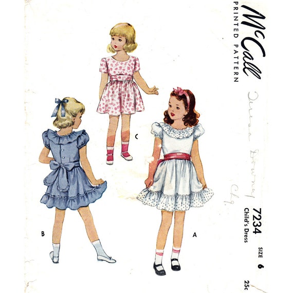 Items similar to Girls 1940s Dress Pattern McCall 7234 Puff Sleeve ...
