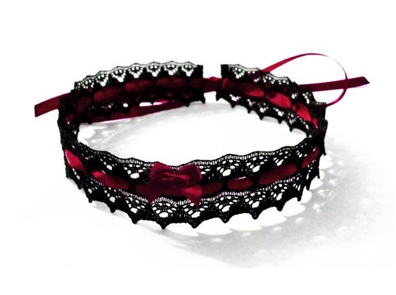Lace Choker Black | Burgundy Dark Red Satin Ribbon & Satin Bow | Gothic Wedding Victorian Burlesque Cosplay Vampire Cabaret Goth Emo | Briar by ZenAndCoffee steampunk buy now online
