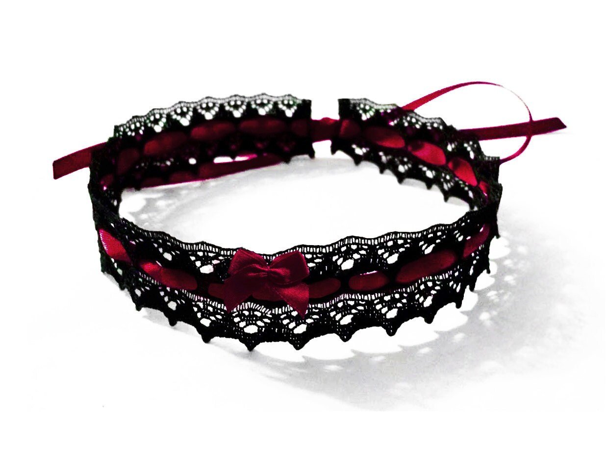 Lace Choker Black Burgundy Dark Red Satin Ribbon & Satin Bow