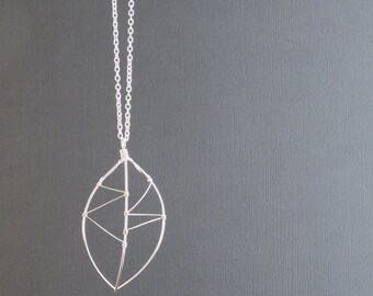 Foliole - Silver Leaf Necklace; Silver-Plated Hand-Sculpted Pendant on Long Chain; Nature Motif (Collier Argent Feuille) by InfinEight