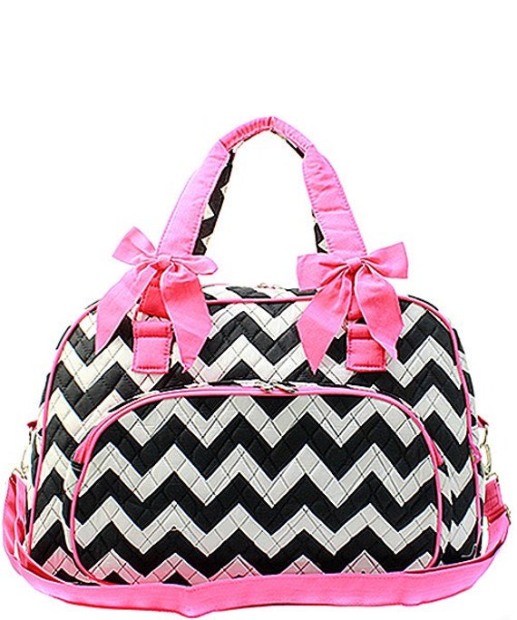 Personalized Duffle Bag Black and Pink Chevron Print