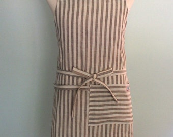Unisex Chef Apron with Pocket and Towel Loop in Yarn Dyed Gray Striped Linen, Men's Apron, Apron with Pocket, Adjustable, No Neck Ties