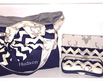 Personalized Diaper Bag In Navy Quilt And Grey Buck Print With Navy Chevron Bow/Sash. Hello Bear Buck Forest Silver Diaper Bag.