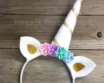 CELESTIA UNICORN HEADBAND, birthday, photo prop, white, pink, purple, princess, toddler, adult, girls, party favor, horn, pony ears, gold