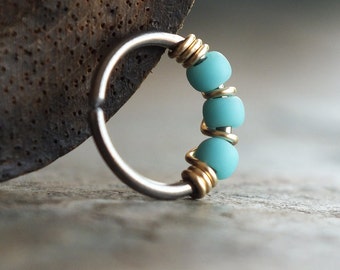 Gilded, Turquoise-blue Boho Nose Ring Hoop - For Nose, Helix, Tragus and Lobe Piercings - Sold Individually, You Choose the Diameter