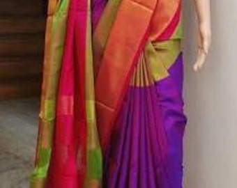 Uppada Purple with Green Color Silk Saree with Gold color border