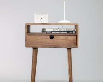 Mid Century Nightstand with Drawer in Walnut