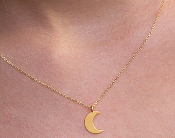 Dainty moon necklace, Crescent moon necklace, Solid gold necklace, K 14 crescent, K18 moon necklace, Geometric jewelry, Gold moon charm