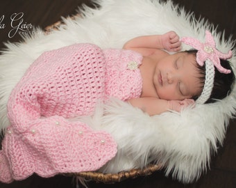 Pattern- Crochet Newborn Mermaid Outfit with Starfish Headband, Crochet Newborn Baby Pink Mermaid Set with Pearls