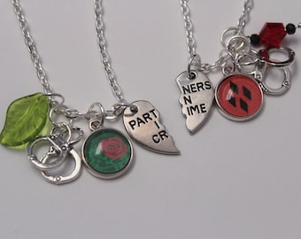 Harley Ivy Bff Necklace Set DC Comic Inspired Jewelry Harley Quinn Poison Ivy OTP Partners in Crime Comic Book Jewelry Charm Geek Nerd Gift