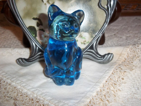 Fenton Ice Blue Glass Cat Figurine Original Sticker Stamped