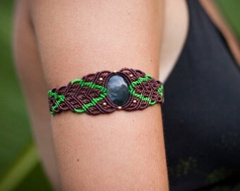 Brown/Green Micro-Macrame Hand Cuff/Arm Band with Aventurine or Moss Agate Cabochon