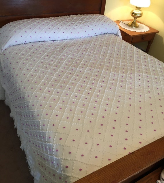 Vintage Purple White Polka Dot Chenille Cotton Bedspread