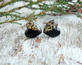 Black gold stud earrings high fashion jewelry valentines day gift for her gold heart earrings black heart studs gold earrings black earrings