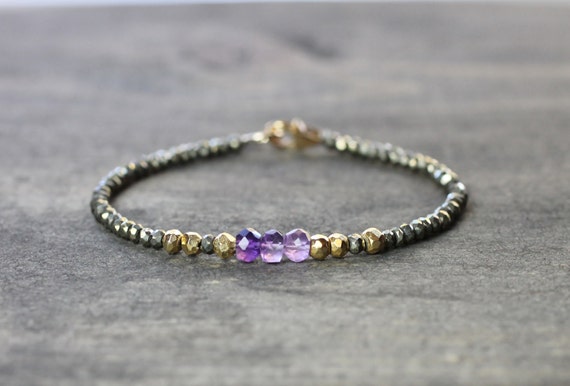 Gold Pyrite Bracelet Shaded Purple Amethyst by EleriaJewelry