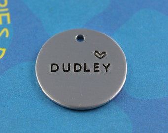 Simple Metal Dog Tag - Hand stamped Pet Tag - Metal Dog ID Tag - Name with Heart - Phone Number on Back