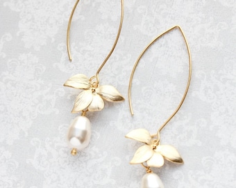 Gold Orchid Flower Earrings Long Floral Dangle Cream Pearl Earrings Bridemaids Gift For Her Gift For Wife Nickel Free Wedding Jewelry