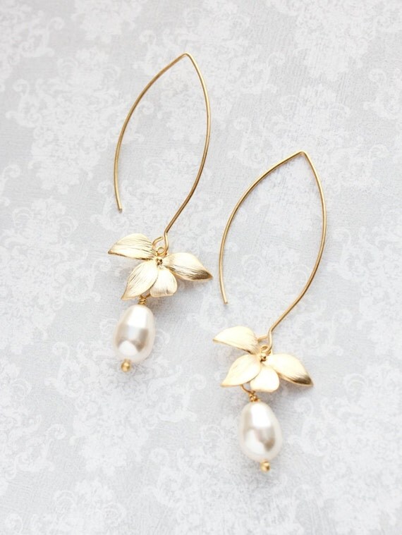 Gold Orchid Flower Earrings Long Floral Dangle Cream Pearl