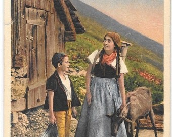 Swiss Farm Boy & Girl Tending a Goat, Switzerland, Unused Vintage 1920's Color Postcard, Edition Photoglob, Zurich