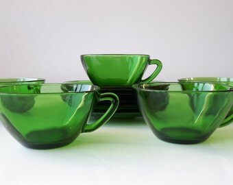 Vereco France Espresso Coffee Tea Cups and Saucers, Set of 5, Green Transparent Glass