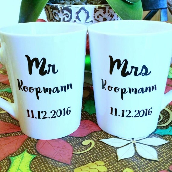 Mr & Mrs custom mugs with name and date