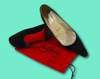 Vintage CHRISTIAN LOUBOUTIN Black Suede Leather Pointed Toe Kitten Red Bottom Heels Pumps Sz 37 / US 7