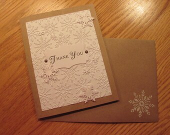 Thank You Card, Handmade, Snowflakes, Embossed, Sparkle, Tag, Copper Brads, Kraft Paper, Winter, Note Card, White, Stamped, Die Cut