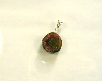 Watermelon tourmaline slice pendant 19 x 19mm with sterling silver bail