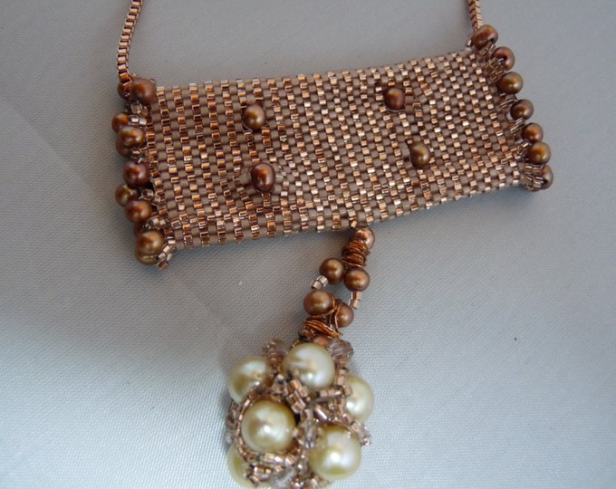Pearls, Peyote Pendant, Rose Gold box chain necklace