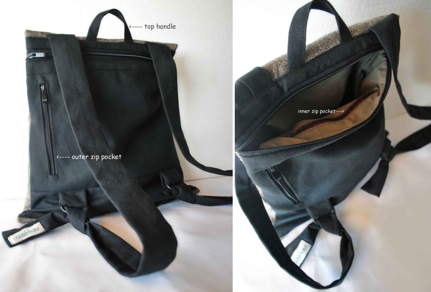 Convertible backpack Messenger bag Graybrown jute Black