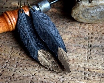 Bronze Tipped Leather Feather Earrings / Hand Made Feather Earrings / Hand Tooled / Feather Dangle Earrings