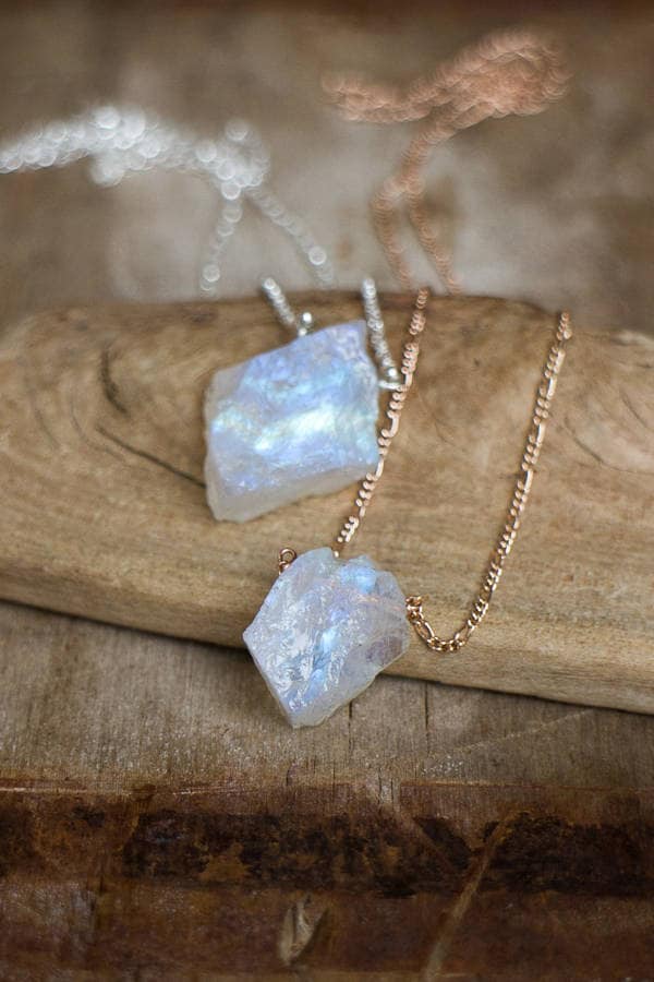 Raw Moonstone Necklace, June Birthstone, Raw Crystal Necklace in Rose Gold Filled, Gold or Silver, Rainbow Moonstone Jewellery