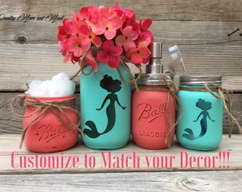 Mermaid Bathroom Decor, Mermaid Decor, Mermaid Painted Mason Jars, Mason Jar Bathroom Set for Girls, Mermaid Bath Decor, Mermaid Bath Set