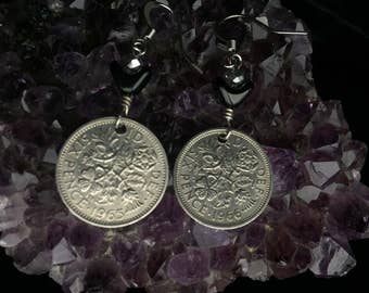 Coin Jewelry-Vintage silver British six pence coin and black glass arch bead earrings-one of a kind good luck wedding gift under 25