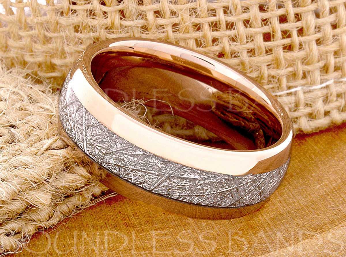 Tungsten Wedding Ring Band Meteorite Ring Mens Women's Wedding Ring Anniversary Ring Dome 8mm Rose Gold Matching Ring Set Perfect Gift New