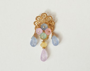 Vintage gold brooch, beaded brooch, colorful brooch, dangle brooch, rococo brooch
