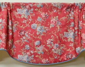 Ralph Lauren-Dubois Floral / Red-Window Valance / Lined, Corded Rod Pocket Scalloped Valance / Cotton Fabric