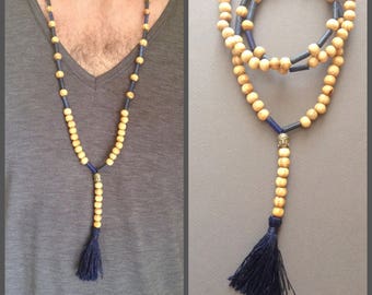 Necklace style mala man pearl wood, lapis lazuli -Perle Buddha / gemstone and pompon blue / unisex / bohemian /