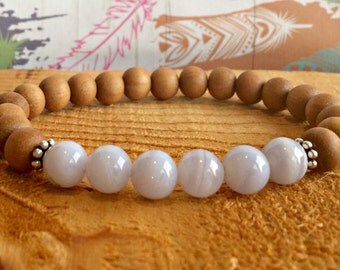 Sandalwood & A Grade Blue Lace Agate Bracelet, Throat Chakra Yoga Mala Beads, Healing Crystals, Personal Truth, Stress Relief, Communication