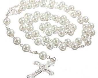 White Pearl Rosary Beads. Pearl Rosary Beads. Holy Communion Gift.Hand made Rosary Beads. Lovely First Holy Communion Gift.